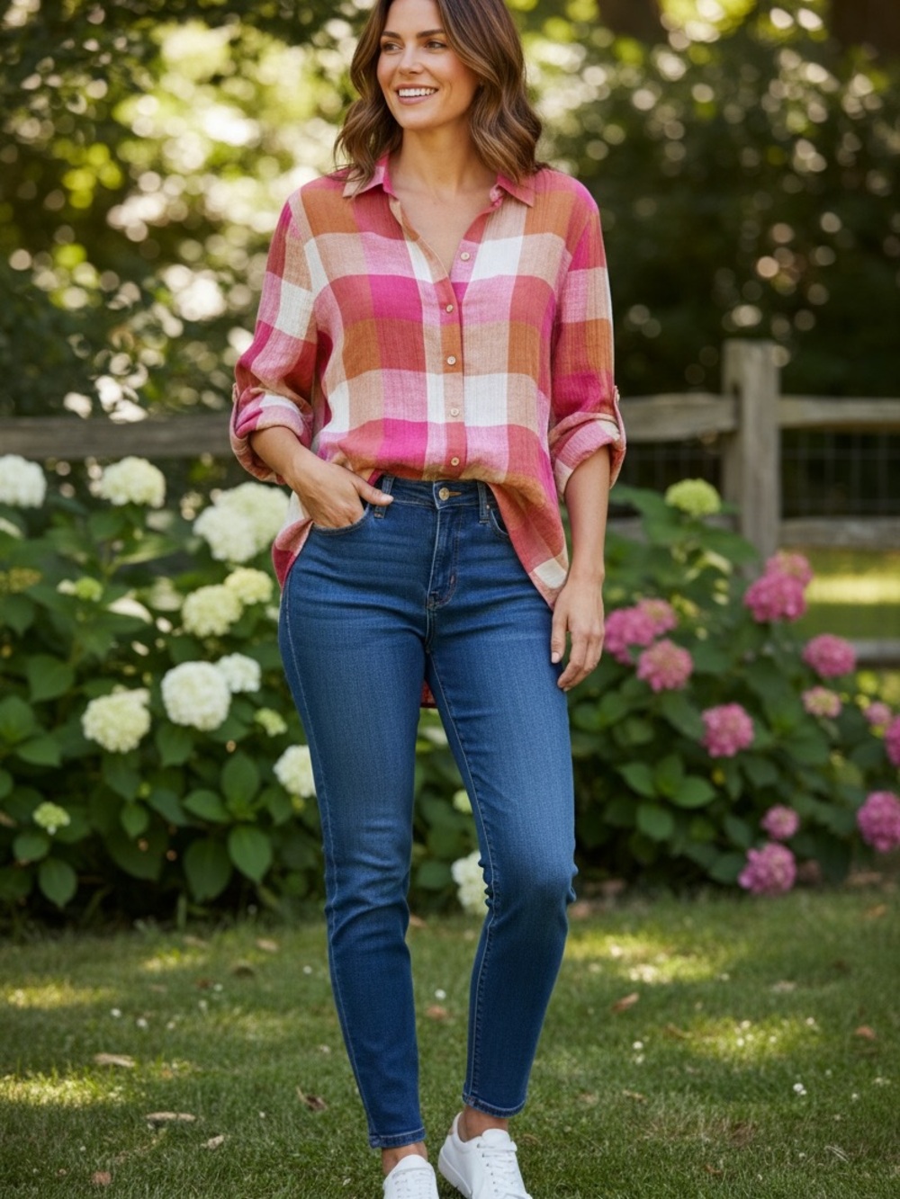 Braciano Plaid Button-Down Shirt in Pink, Cream & Tan -cotton linen blend